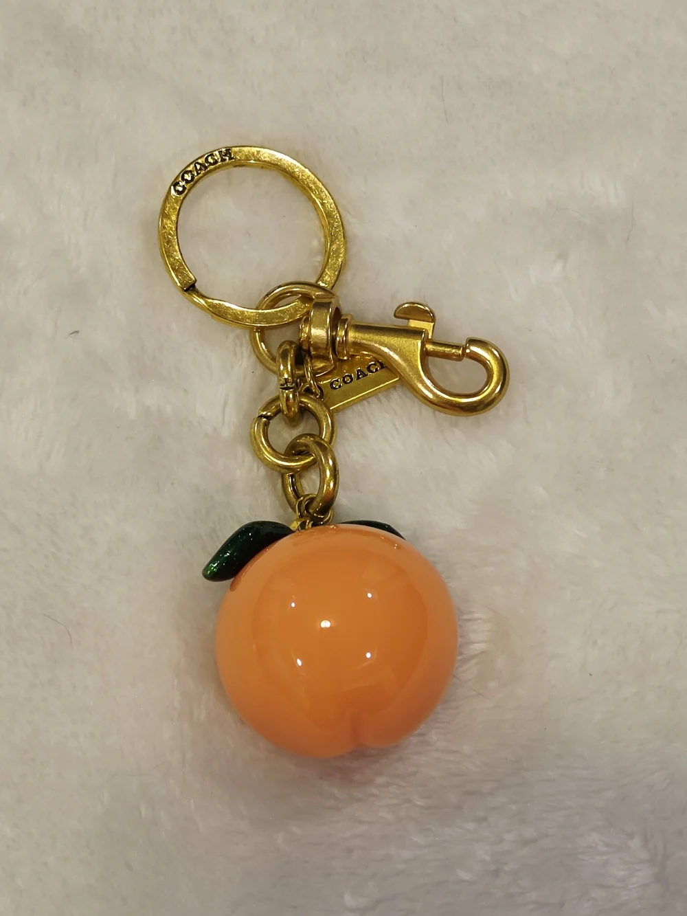 C Logo Orange Peach Keychain with Gold Hardware Fruit Bling Bag Charm